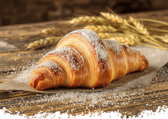 Freshly baked croissant on wheat stalks